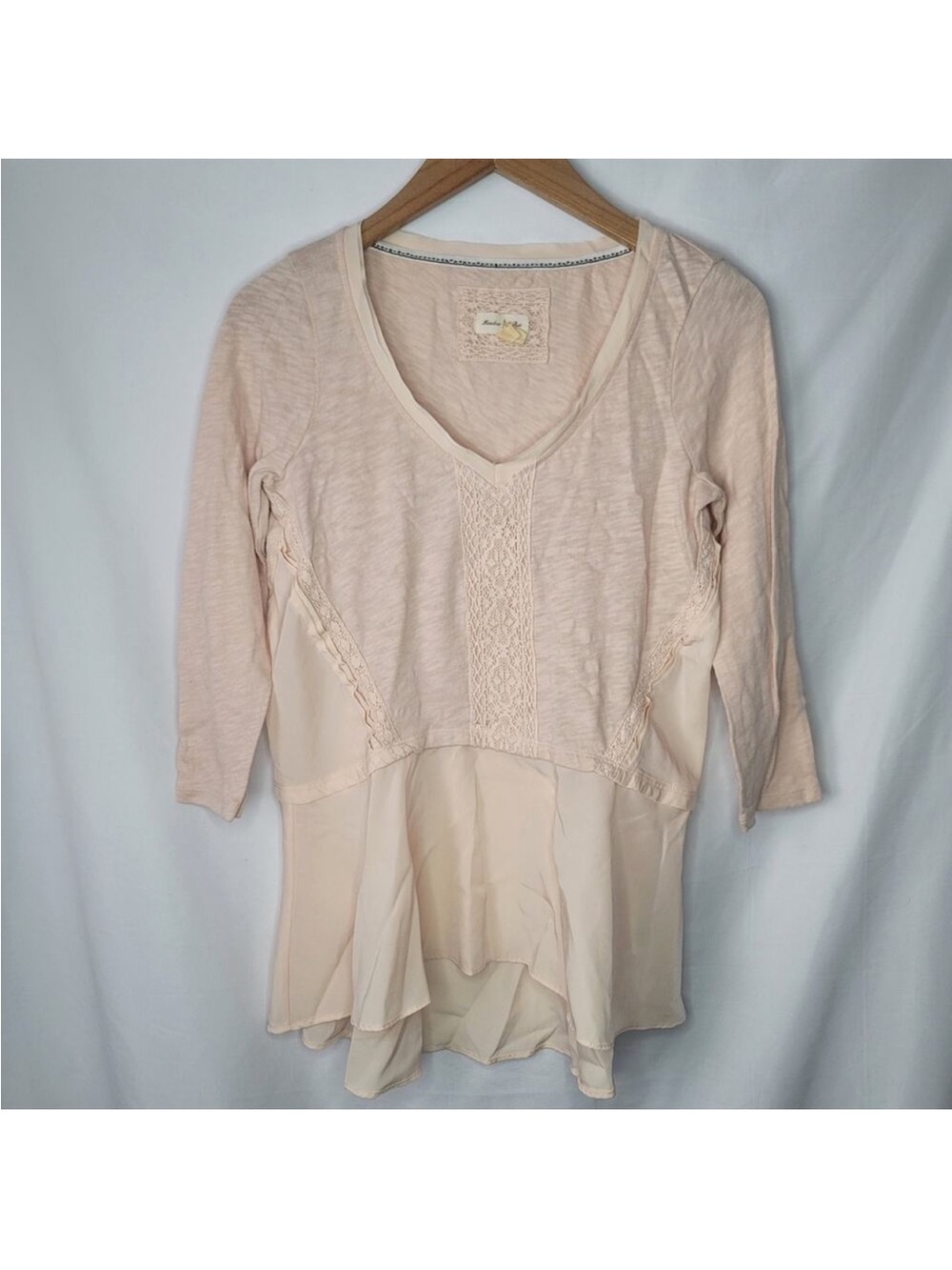 Meadow Rue Blush Pink Lace-Trim Peplum Long Sleeve Top